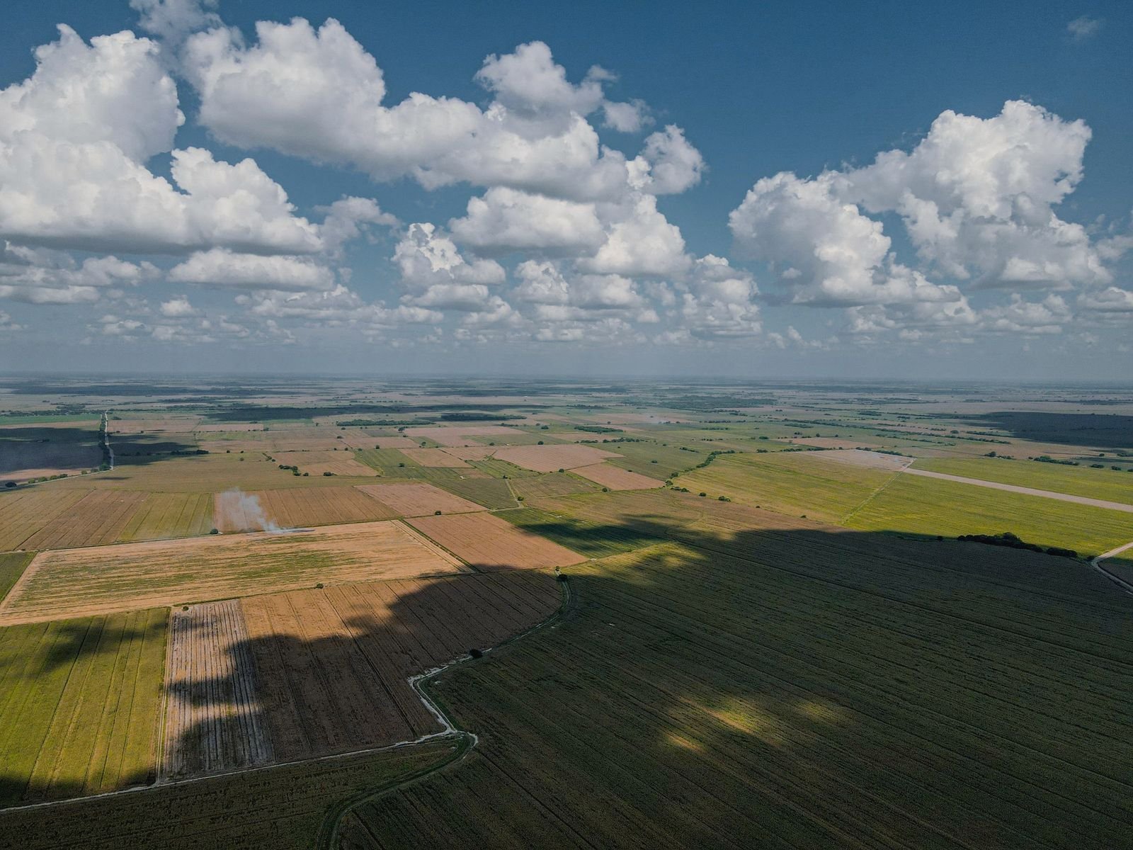 Flat patchwork farmland running to the horizon under a sky full of cumulus clouds